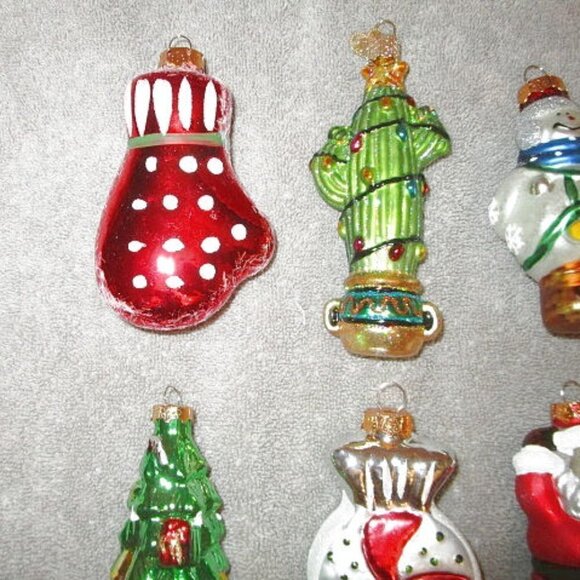 Set Of 6 MERCURY Blown GLASS Ornaments CACTUS Santa TREE Snowman VINTAGE 70s - Picture 2 of 12